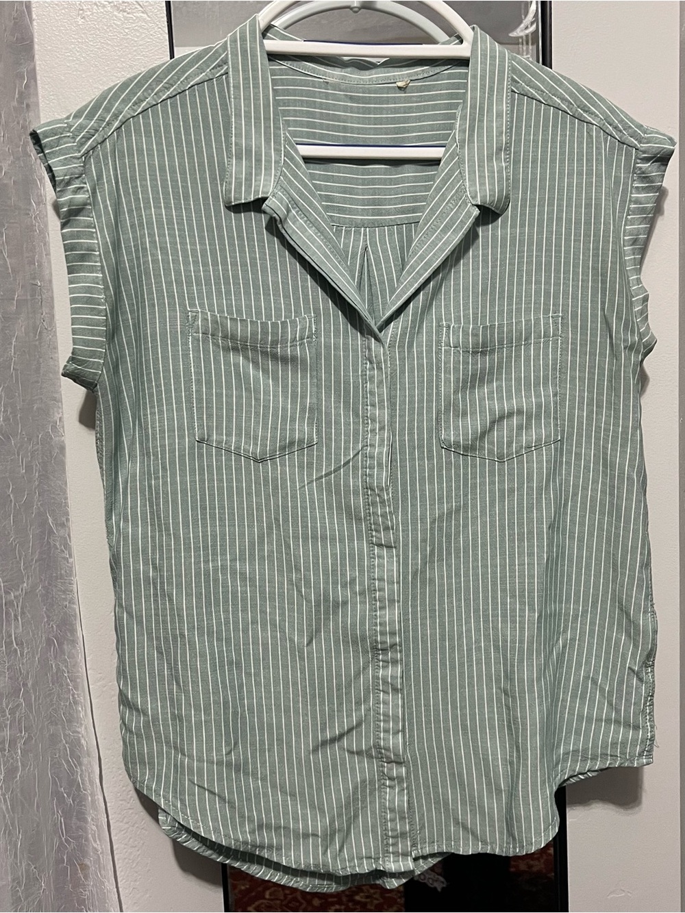 Striped Mint Green Button-Front Cap Sleeve Top
